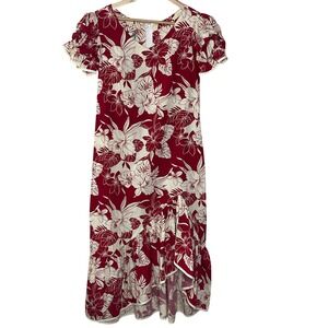 Two Palms Hawaii Red Floral Cotton Puff Sleeve High Low Ruffle Midi Dress Small
